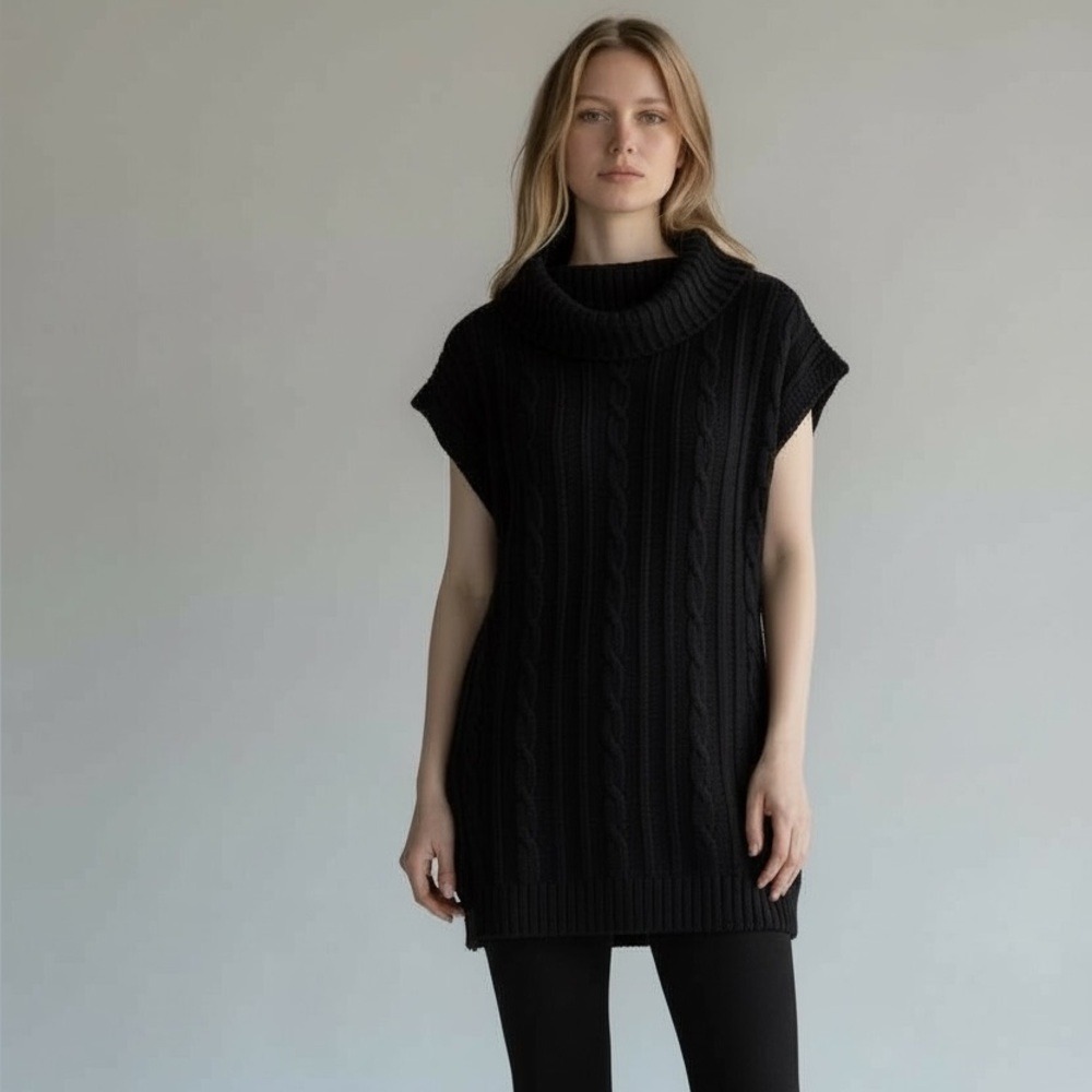 No Boundaries Women Medium (7/9) Black Cable Knit Cowl Neck Short Sleeve Sweater